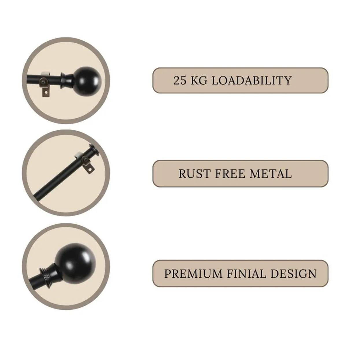 Close-up views of the black rod, round finial and bracket details.