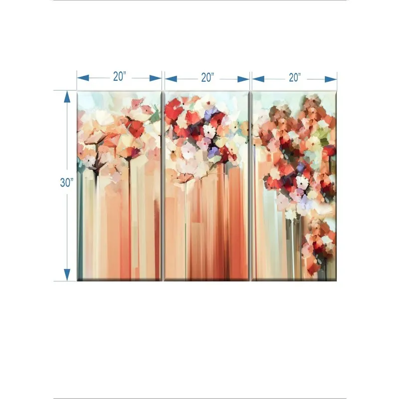 Three-panel abstract floral canvas wall painting with printed size graphic