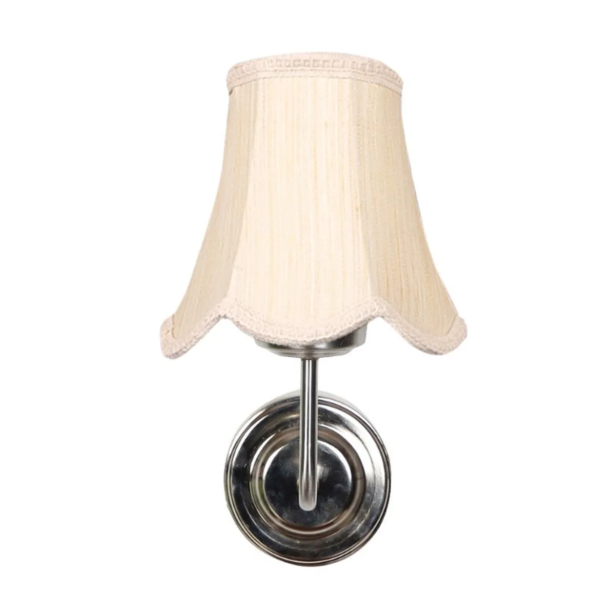 Rear view of a white cotton-shade wall lamp and circular steel wall plate
