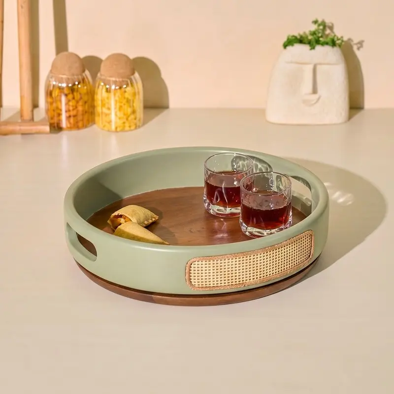 Rotating Rattan Aura Wooden Serving Tray