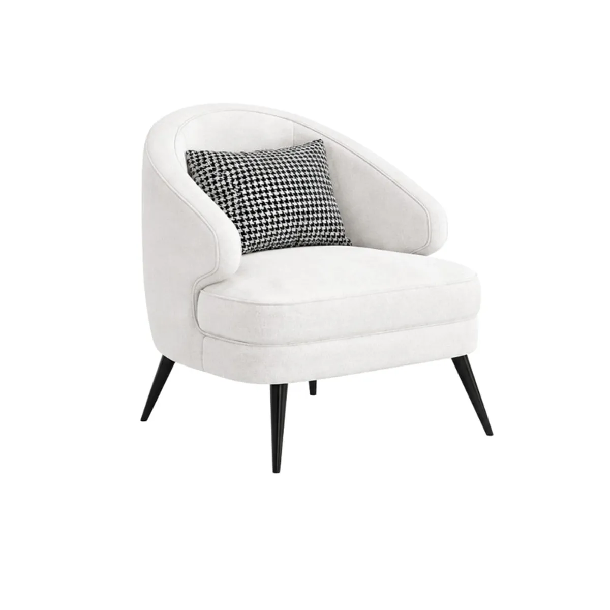 Angled view of a white curved accent chair with tapered black legs