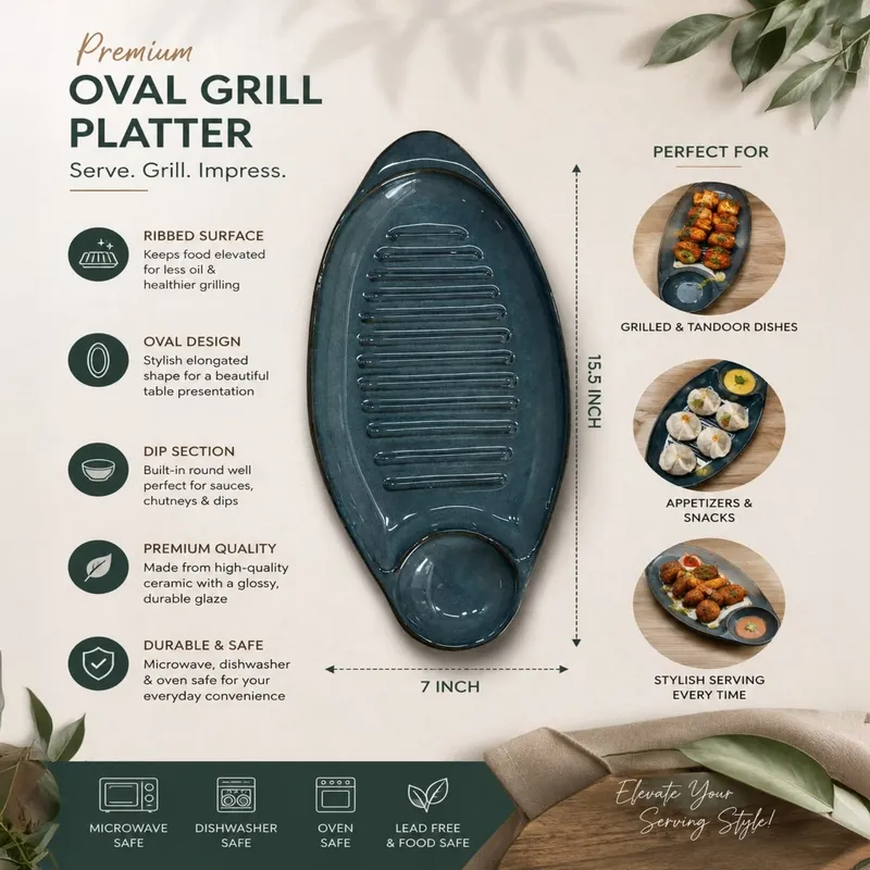 Blue oval platter displayed with a ribbed centre and round dip section