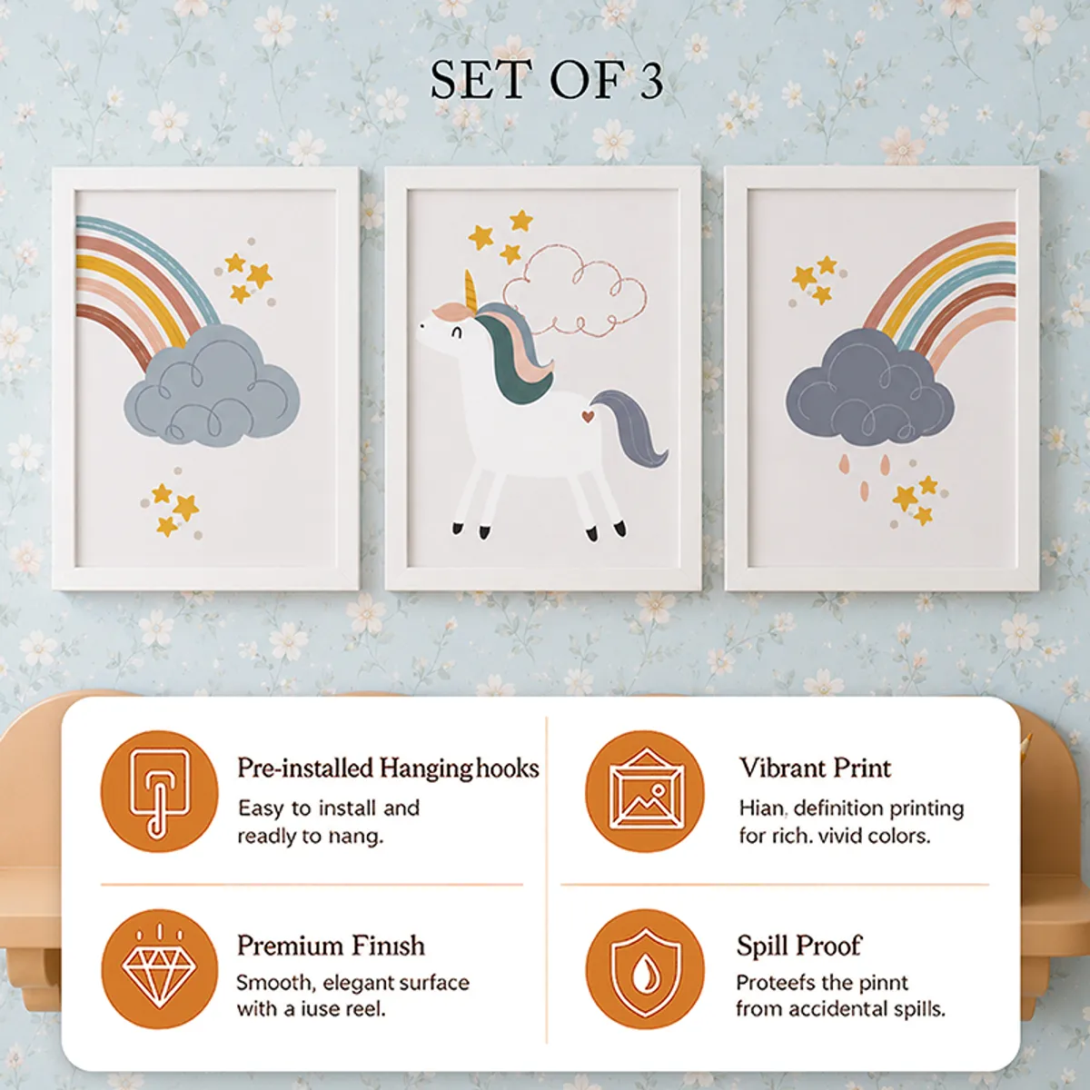 Three framed pastel unicorn and rainbow prints displayed together against floral wallpaper.