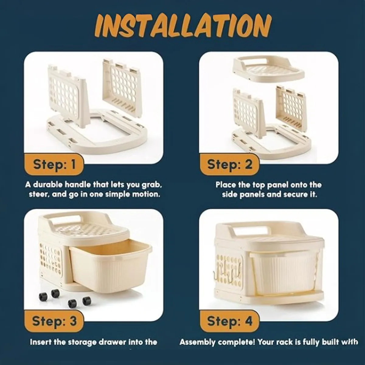Assembly illustrations showing the ivory organiser rack being put together.