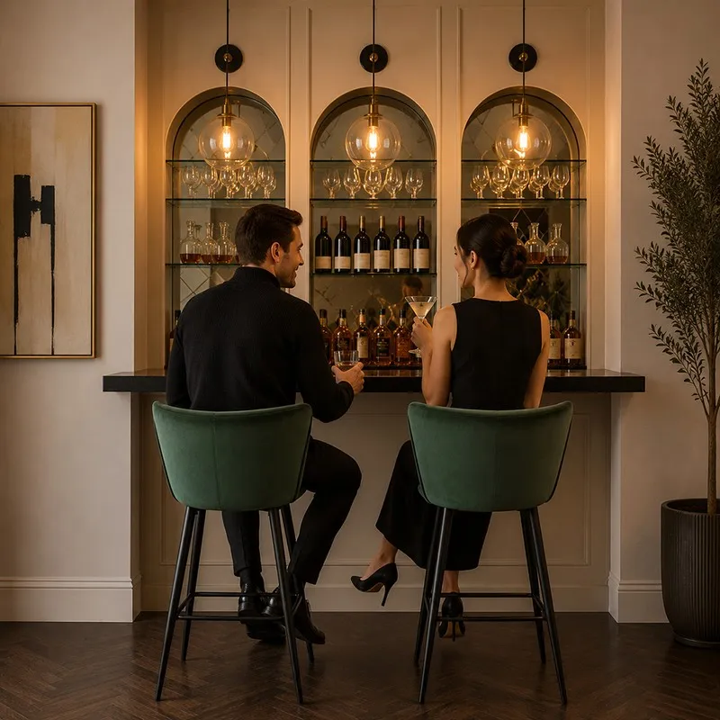 Two green velvet bar chairs placed at a home bar setting