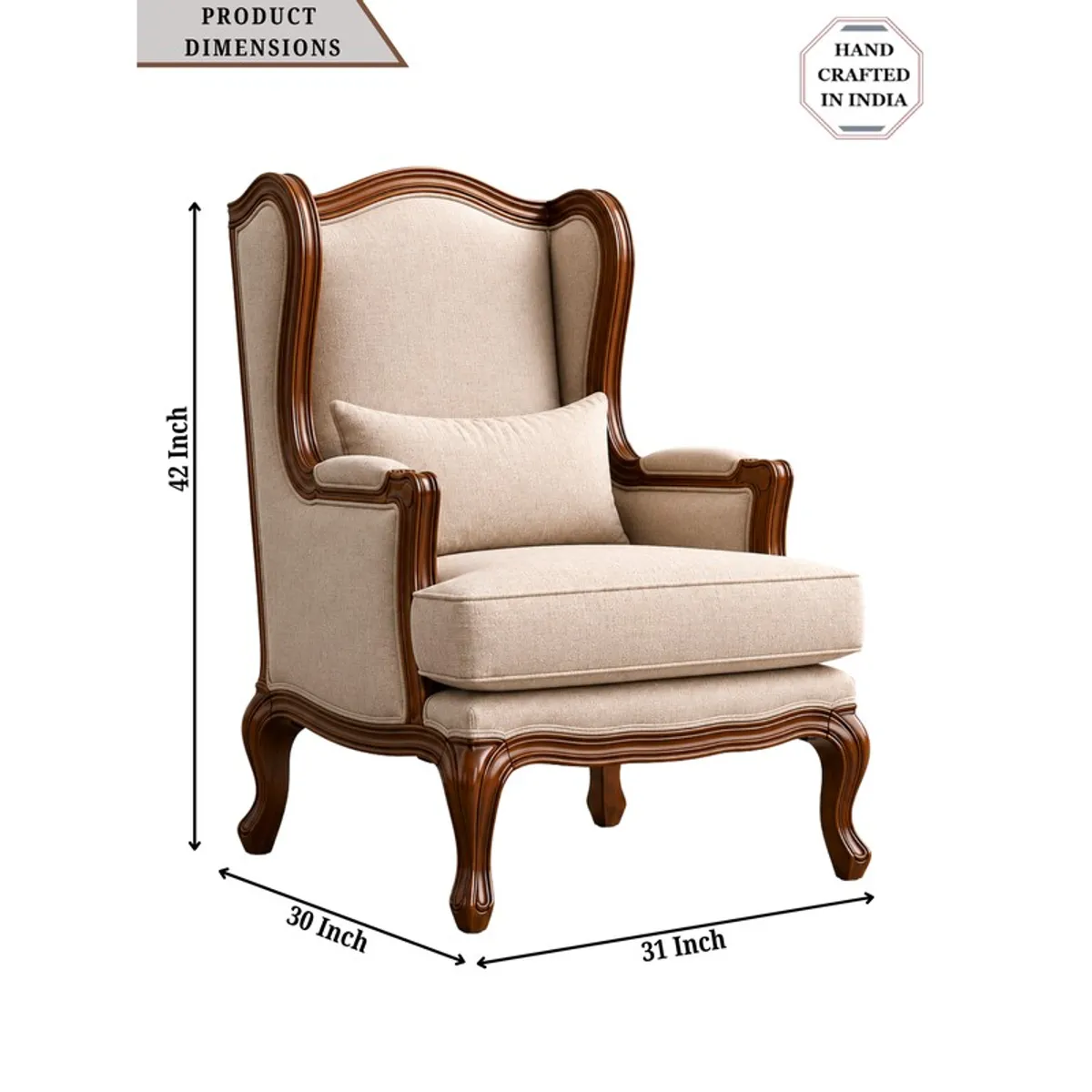 Lounge chair with brown wooden frame and off-white upholstery on white background