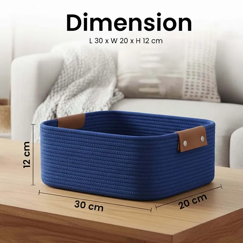 Blue rectangular storage basket on a table in a living room setting