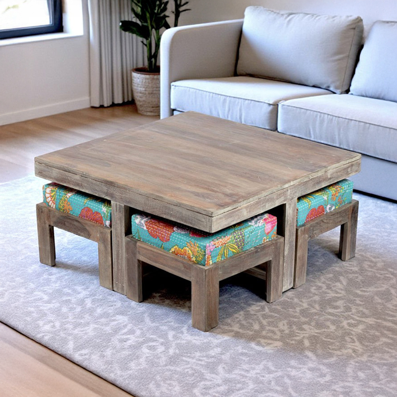 Exiron Sheesham Wooden Center Table with Stools and Cushions (Grey,Green) - Nine Piece Set