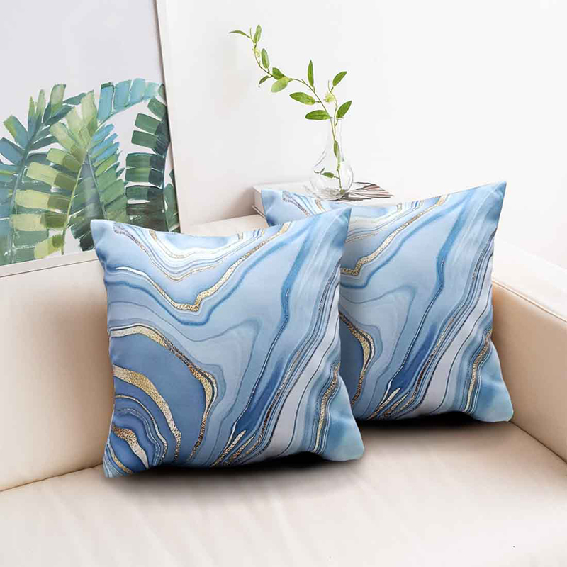 Marbled Swirl Printed Cushion Covers (Blue) - Set of Two - 16 x 16 Inches