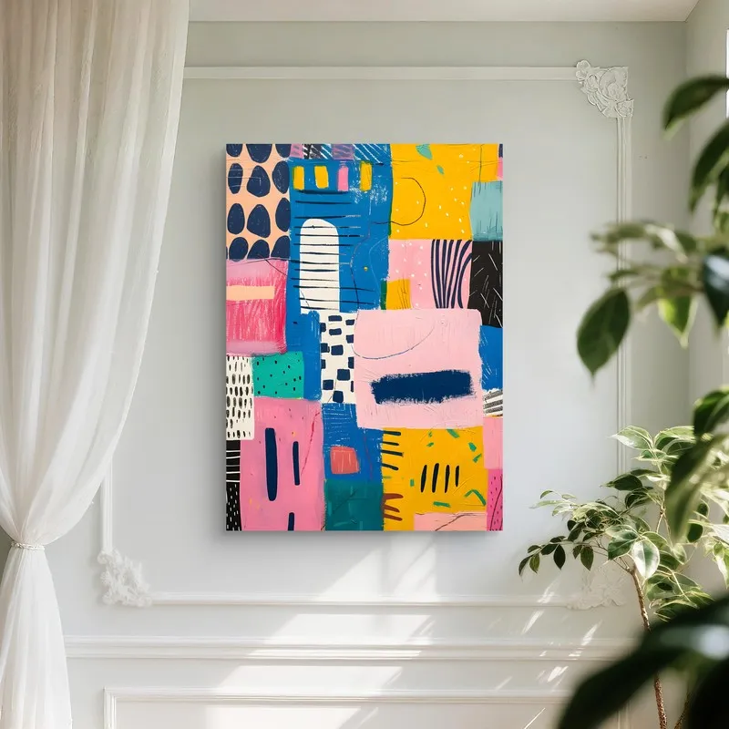 Abstract patchwork canvas wall painting displayed on a bright classic white wall