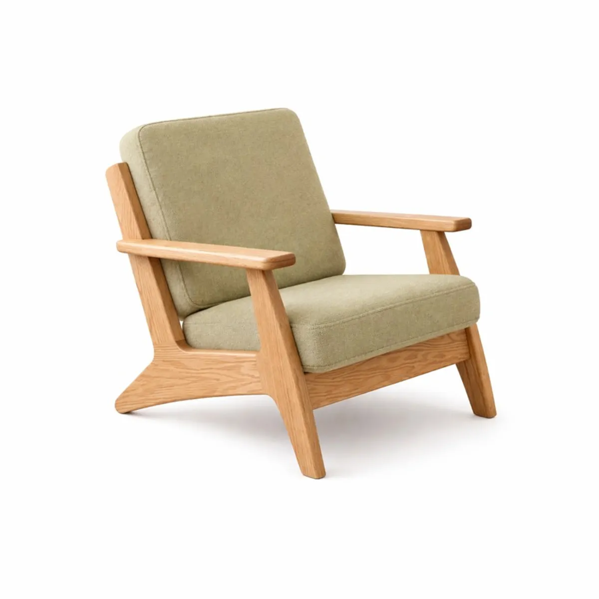 Side three-quarter view of a green upholstered teak wood accent chair