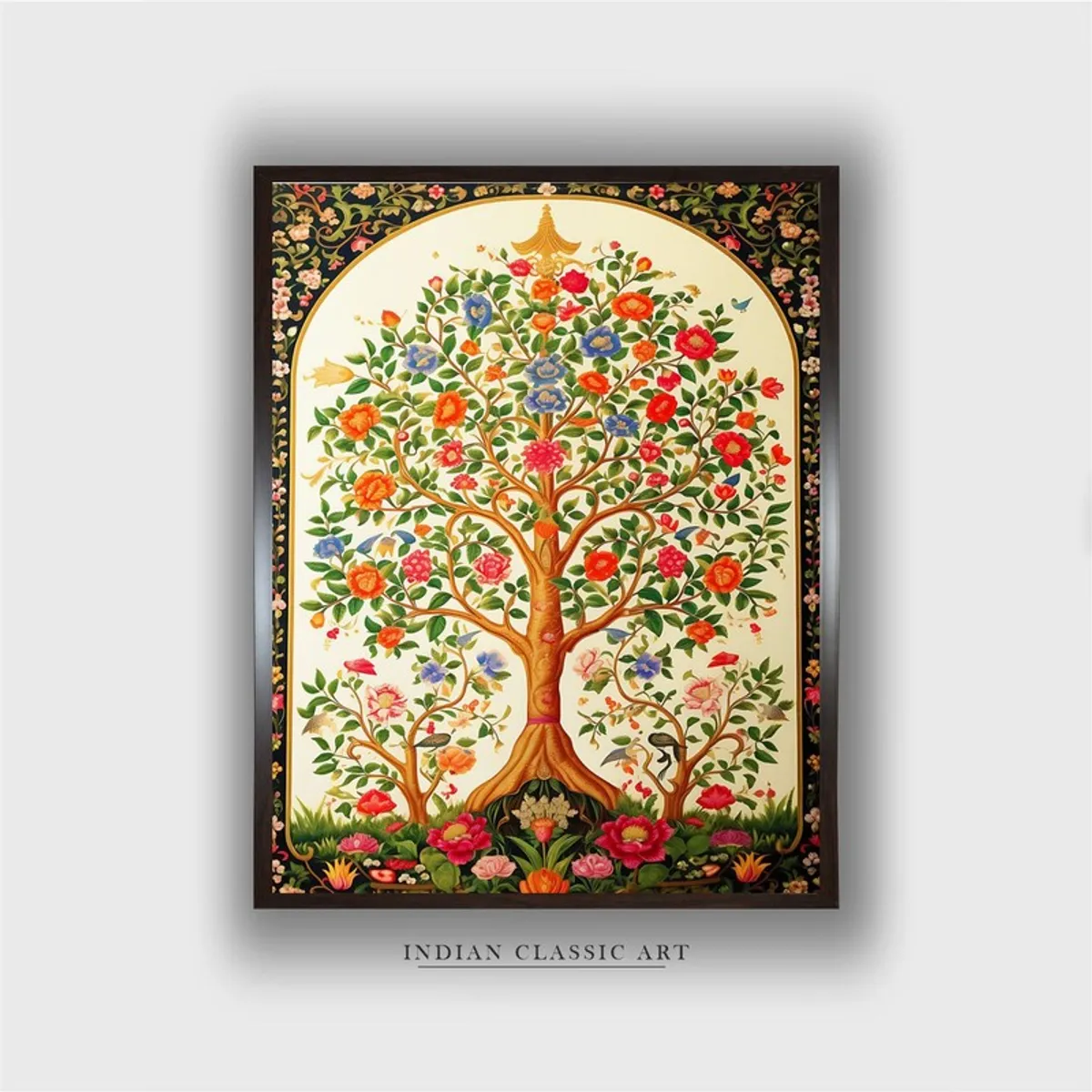 Front view of framed floral tree canvas wall painting with ornate border