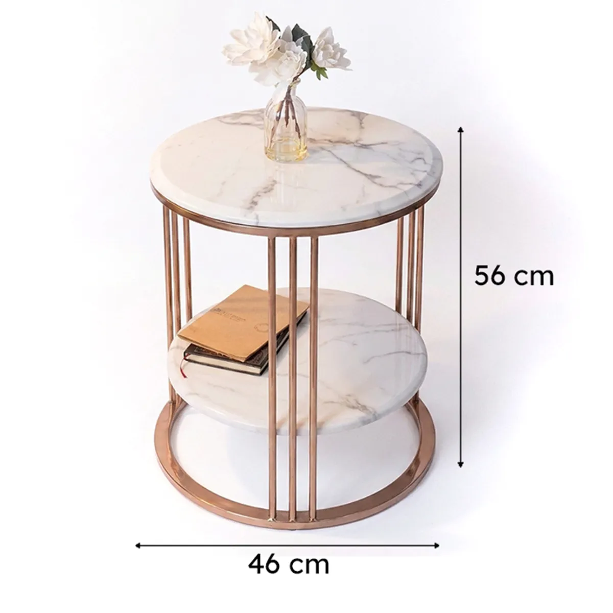 White marble side table with visible 46 cm width and 56 cm height markings