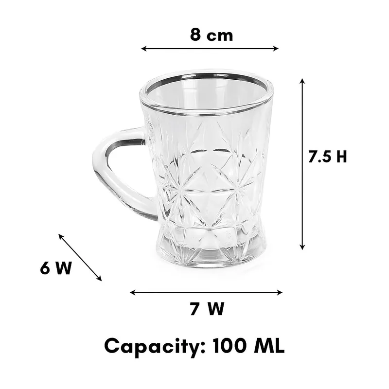 Transparent glass tea cup shown with dimensional callouts