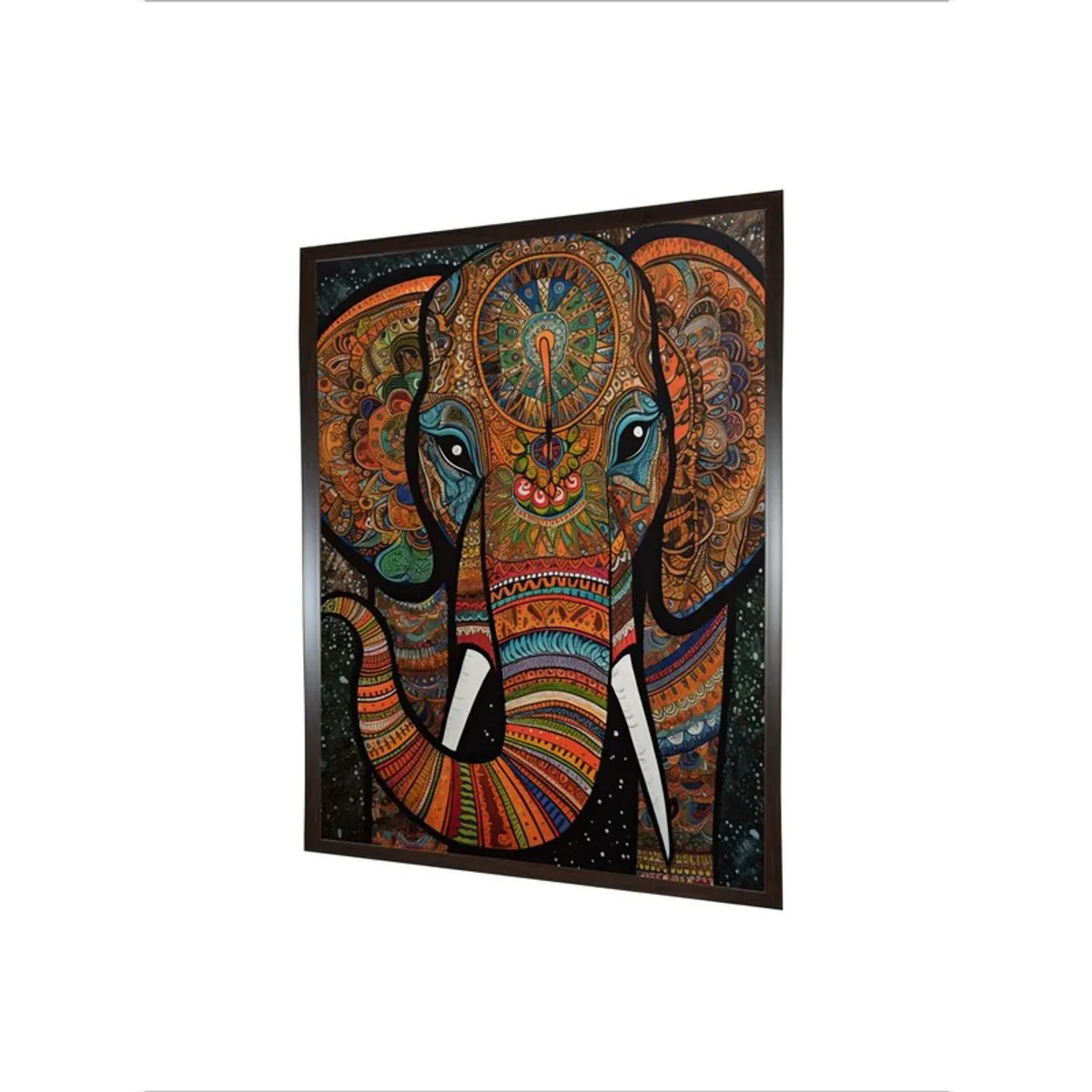 Angled view of rectangular framed elephant canvas wall painting