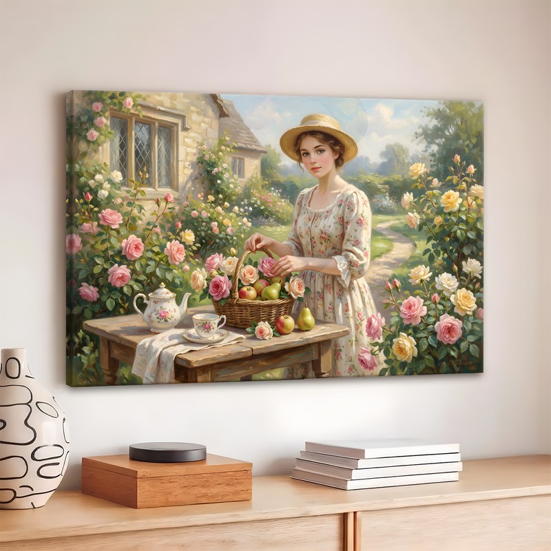 Tea Among the Roses Canvas Wall Art - 380 GSM