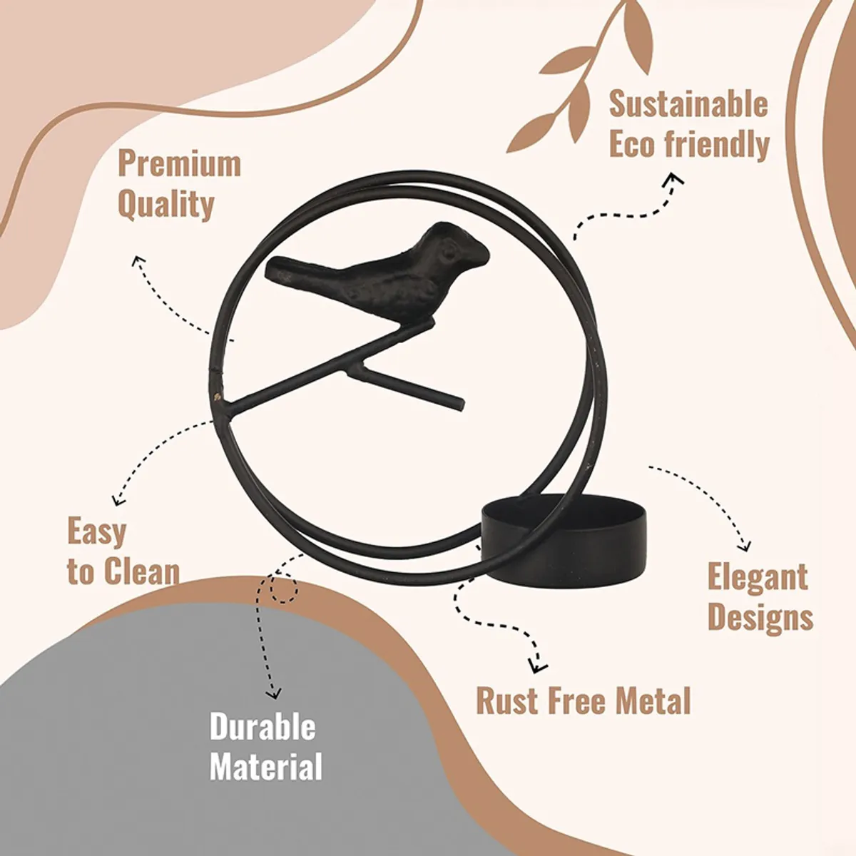 Black circular bird tealight holder shown against a feature background