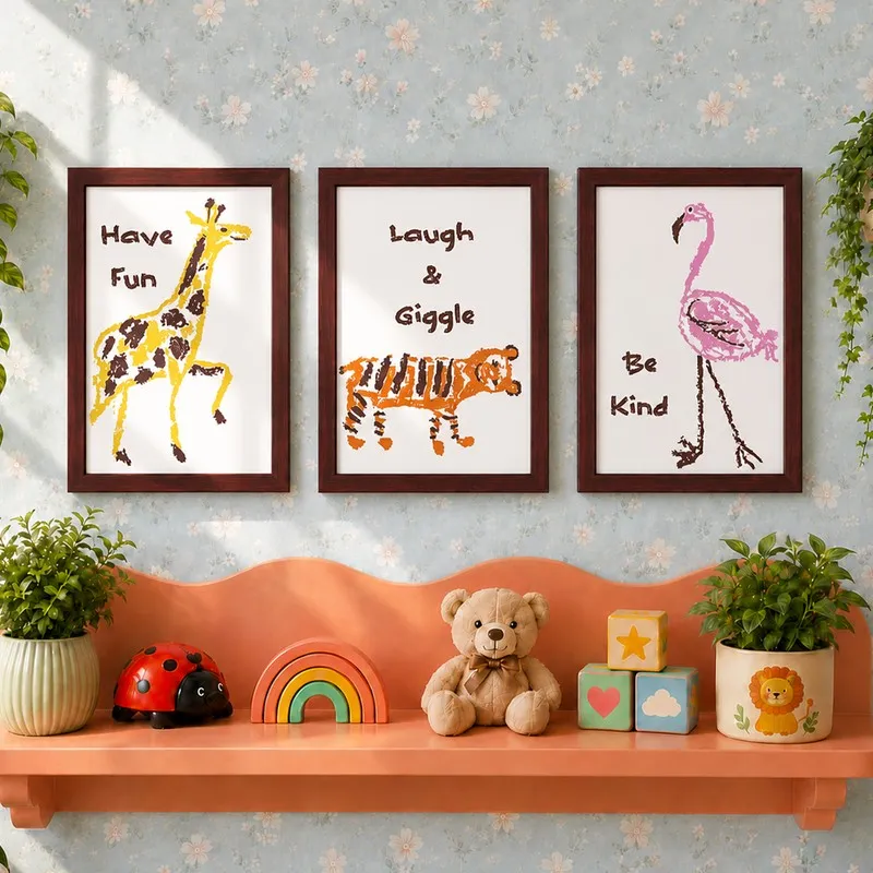 Framed giraffe, tiger and flamingo prints displayed above a shelf