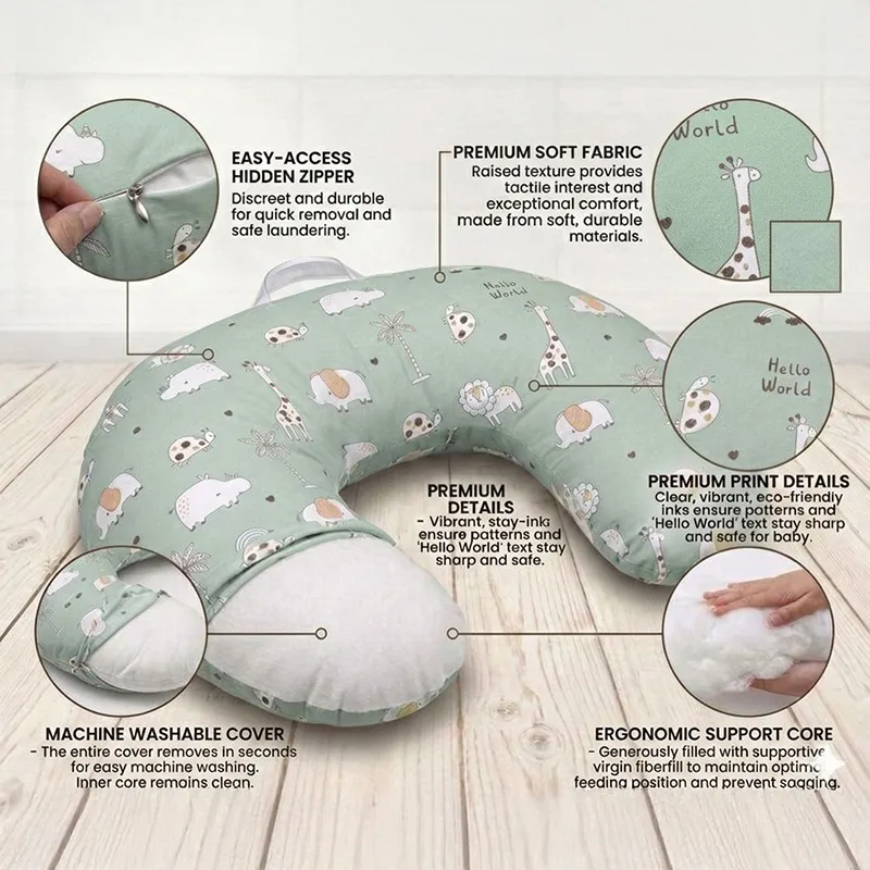 Green animal-print U-shape feeding pillow showing removable cover and inner filling