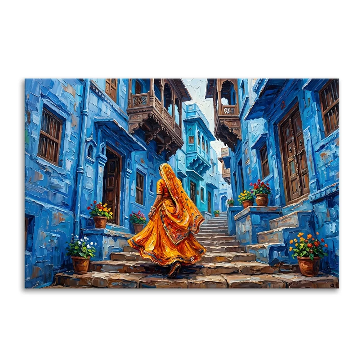 Close view of blue city heritage lane canvas painting with Rajasthani street scene