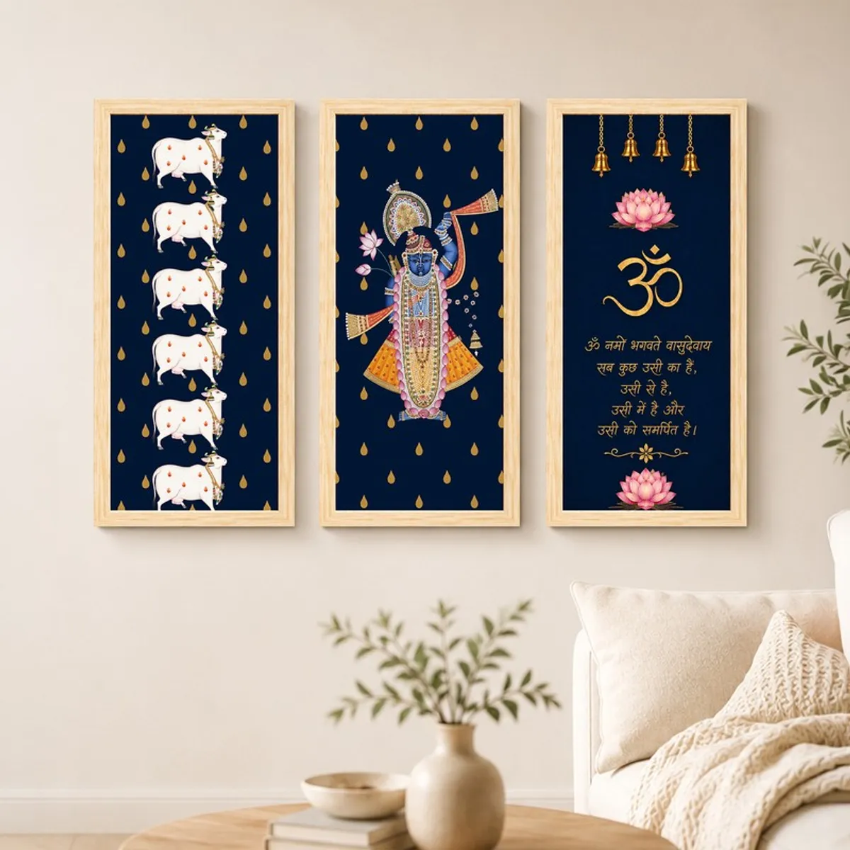 Three rectangular framed Krishna-themed paintings above a bedroom console