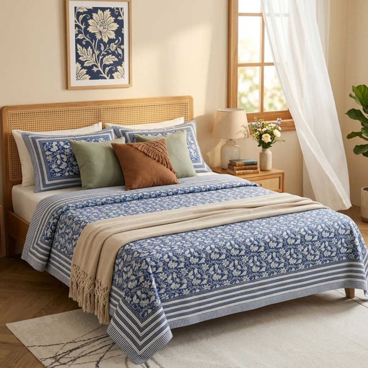 Blue and white floral bedsheet styled on a bedroom bed with pillows and a throw