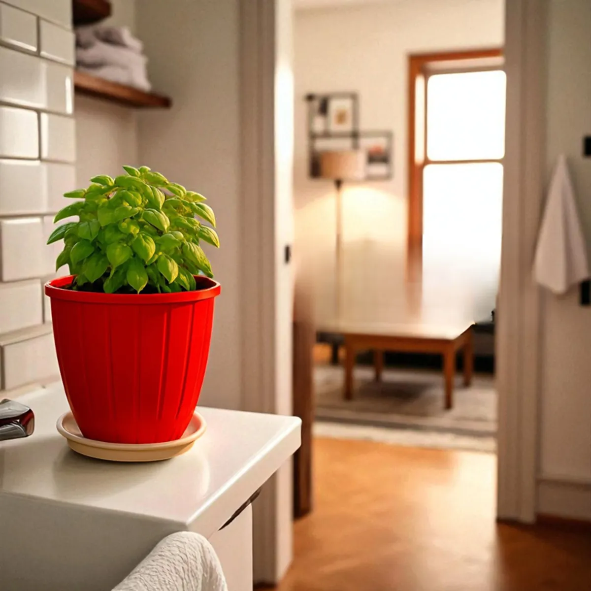 Red planter with a leafy green plant and white tray on a kitchen counter.