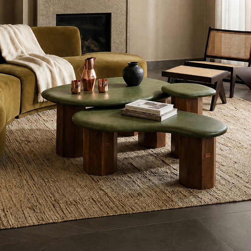 Brookfield Leatherette & Mango Wood Centre Table (Green) - Set of Three
