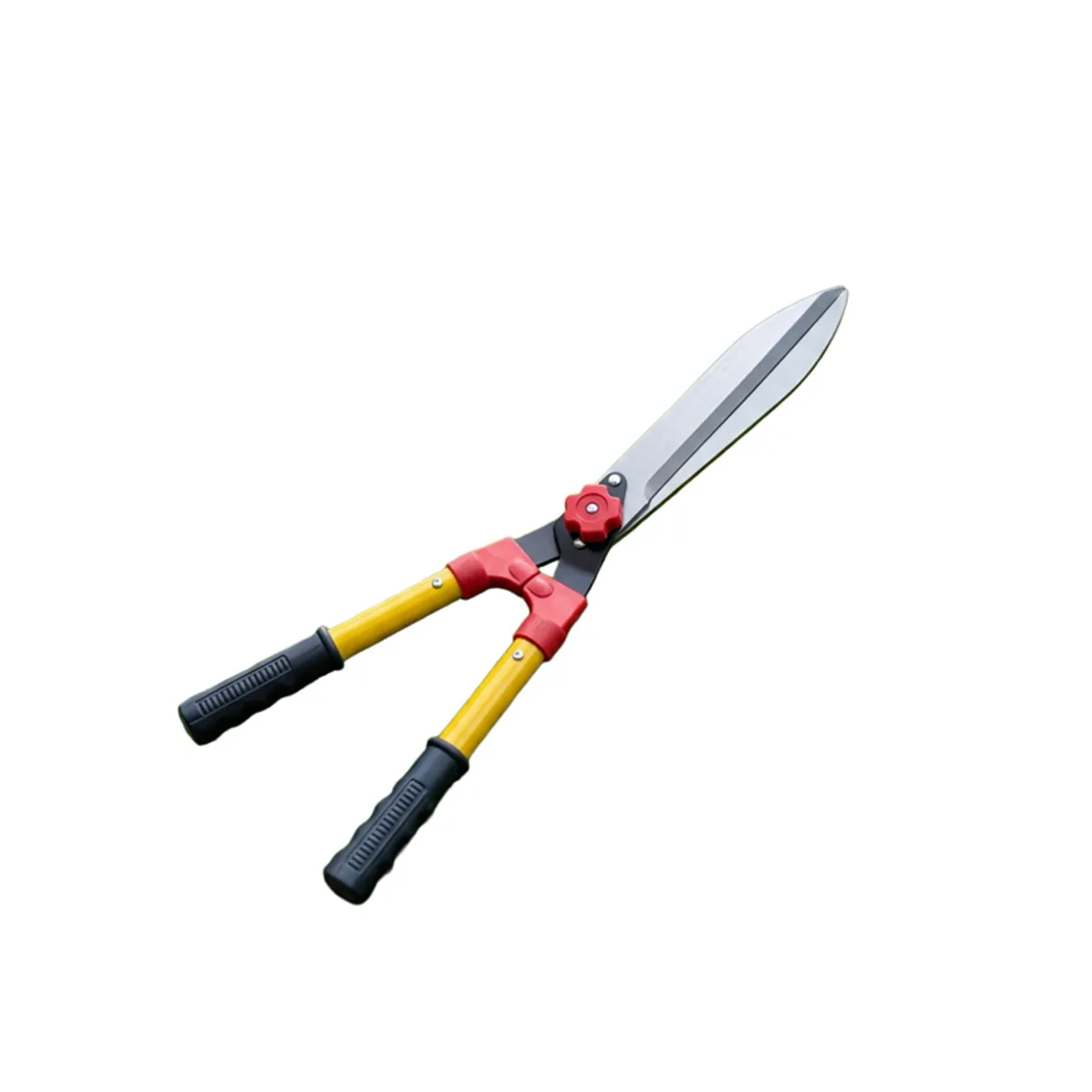 Red and yellow garden shears displayed against a white background