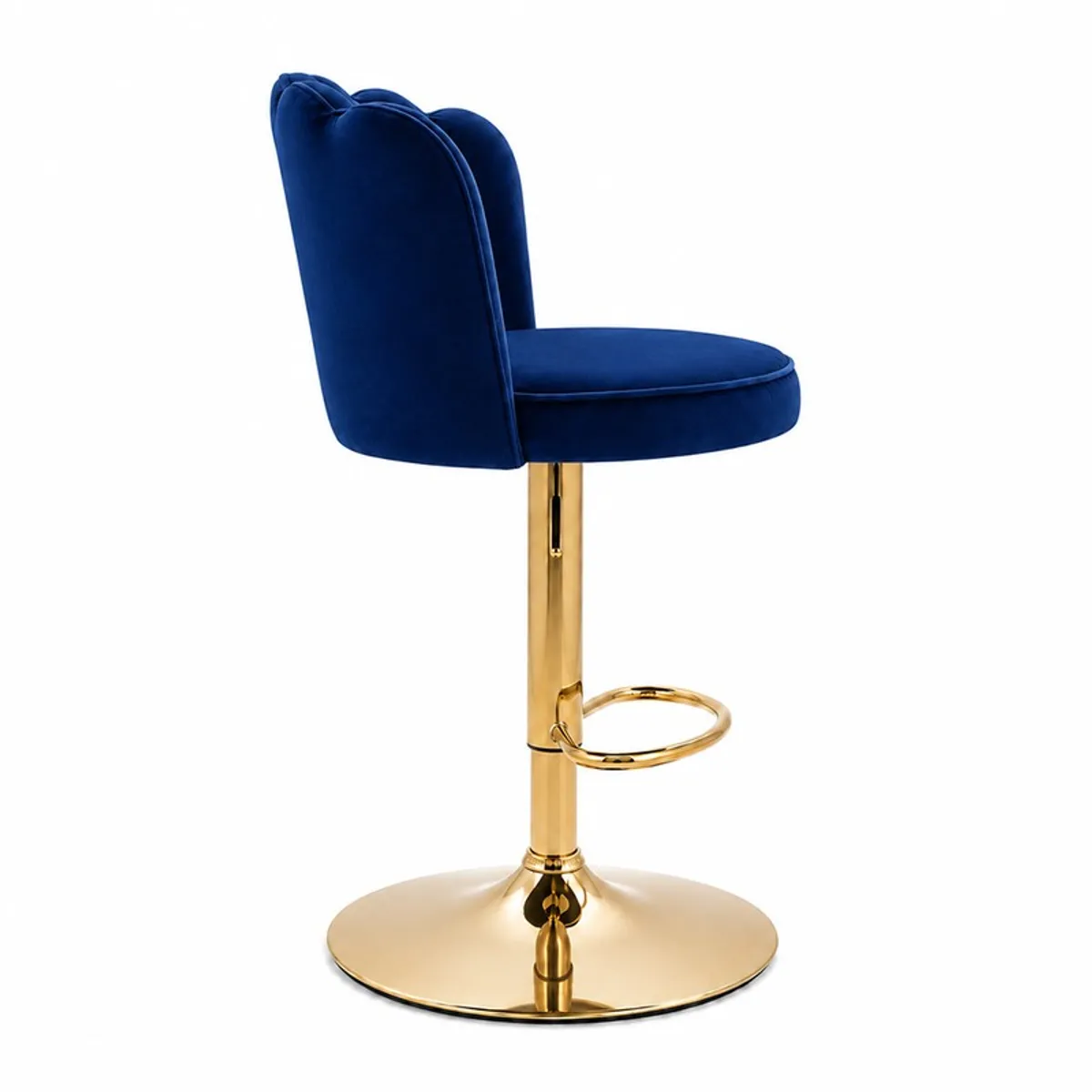 Side view of blue velvet bar chair with gold-toned metal pedestal