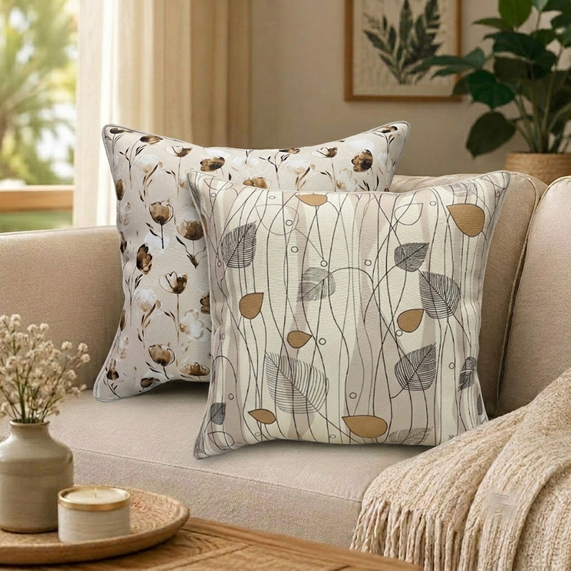 Vine Sketch Printed Cushion Covers - Set of Two - 16 x 16 Inches
