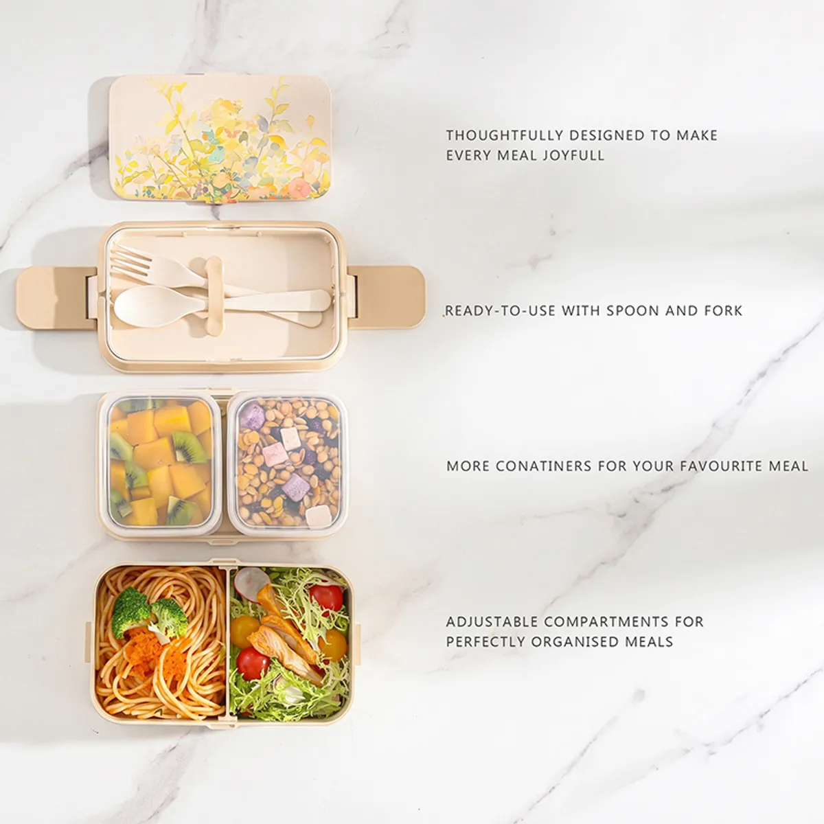 Beige floral lunch box displayed open and closed with separate food compartments.