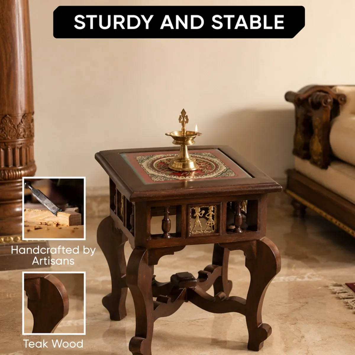 Ornate brown side table with a glossy top and decorative front panel.