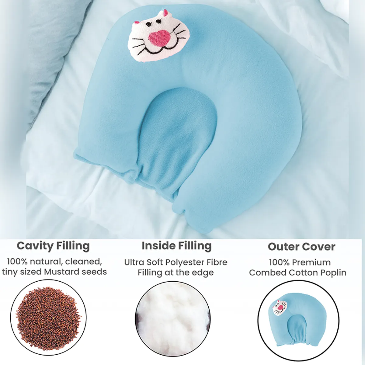 Blue baby neck pillow shown with filling and cover material visuals