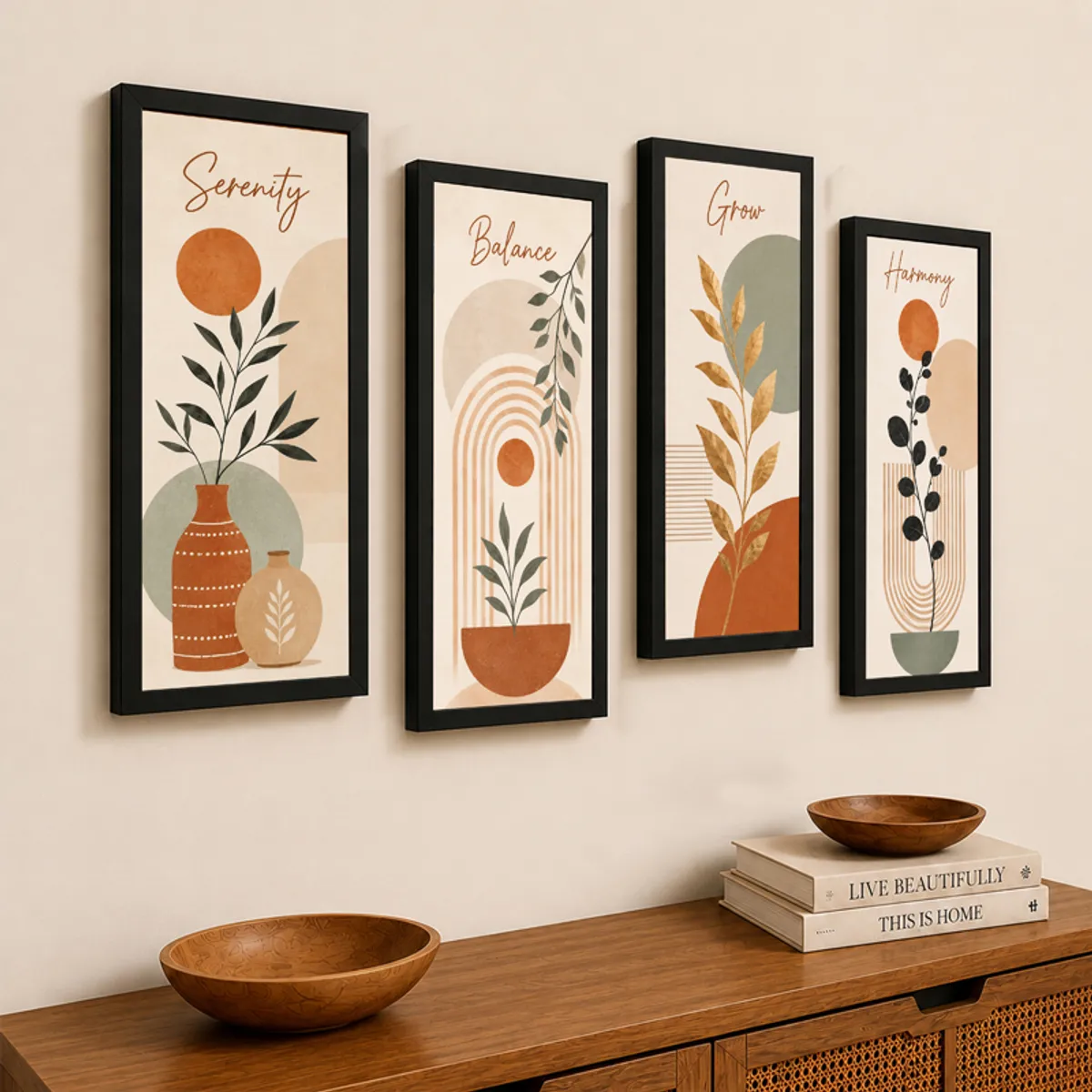 Four framed abstract botanical prints arranged above a wooden console with bowls and books.