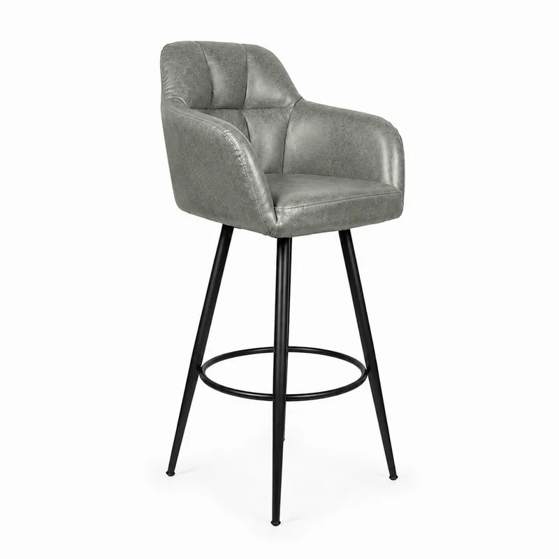 Angled view of a grey upholstered bar chair with black metal legs