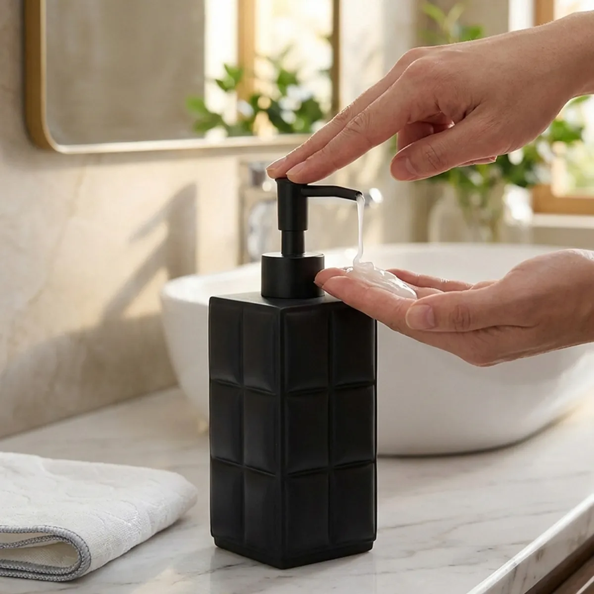 Hand pressing a matte black soap dispenser pump beside a sink