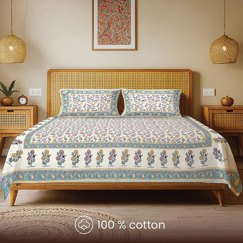 Front view of blue bordered floral bedsheet with two matching pillow covers