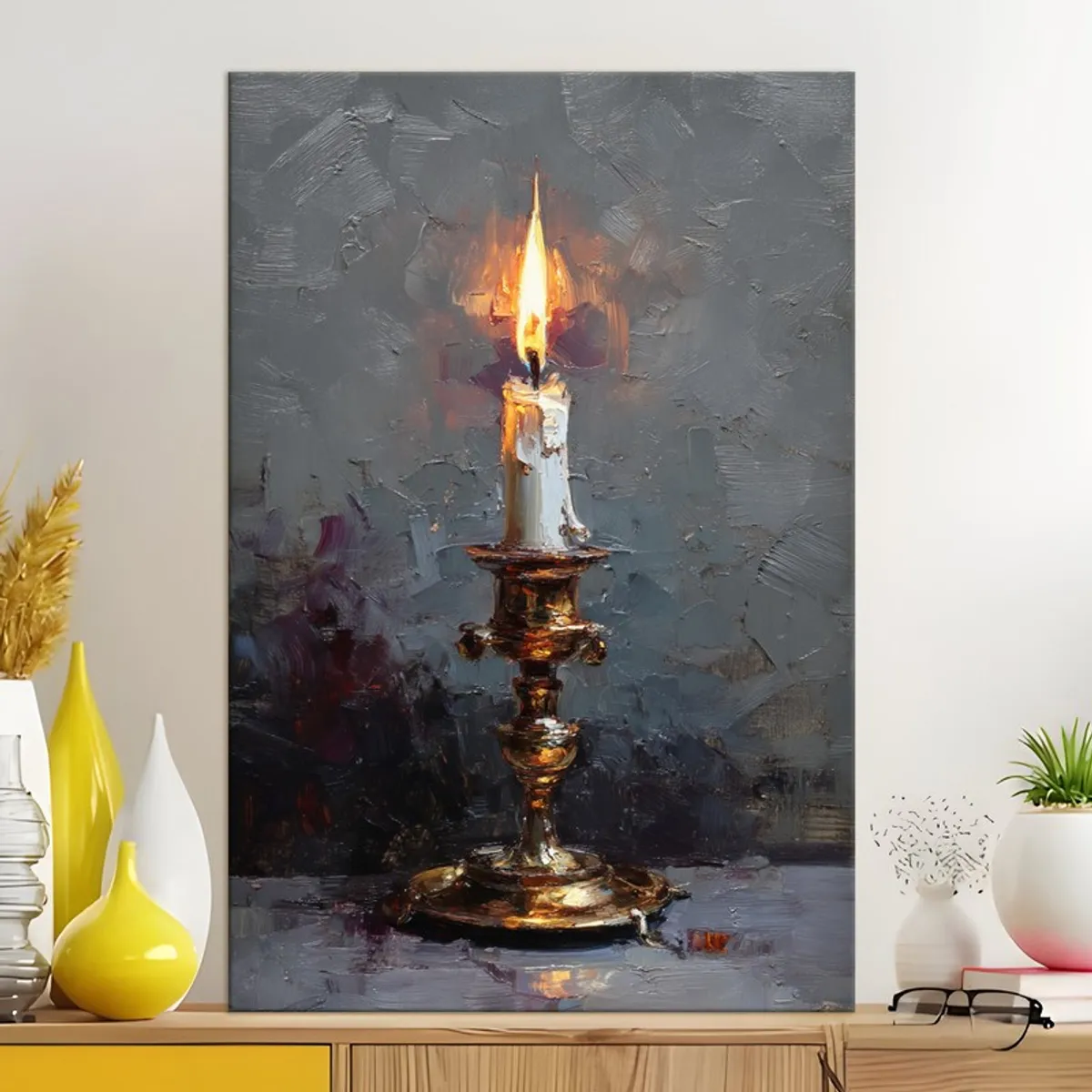 Candlestick wall painting displayed on a console table with decor accents