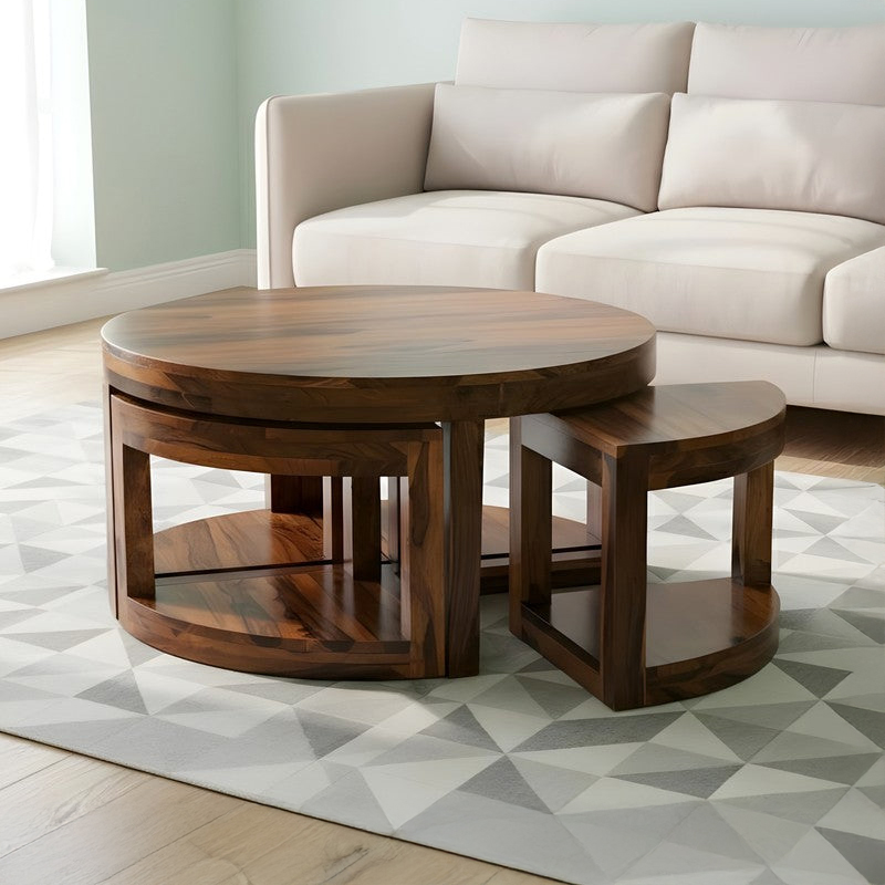 Mervon Sheesham Wooden Center Table with Stools (Brown) - Five Piece Set