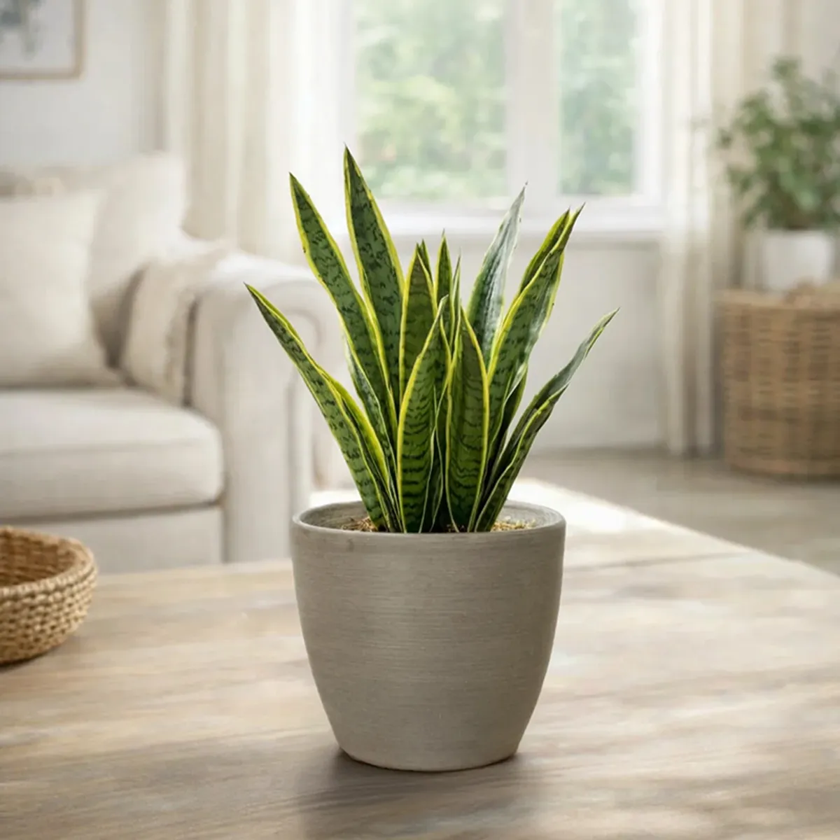 Small grey planter with tall green leaves placed on a wooden table