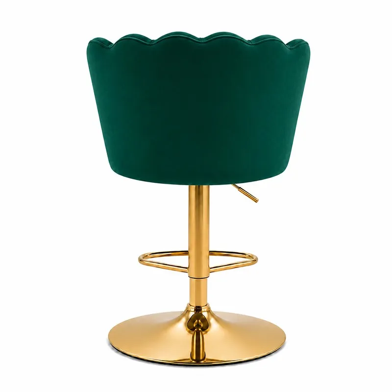 Back view of green velvet bar chair with scalloped top edge and gold-toned base