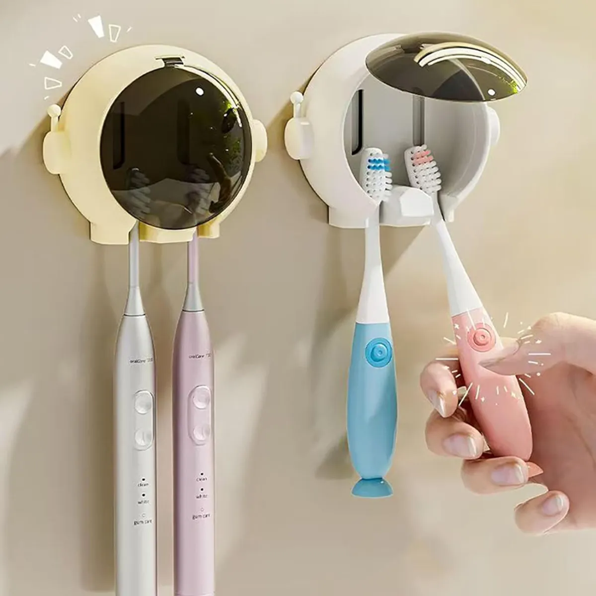 Two round wall-mounted holders shown with toothbrushes in a bathroom setting