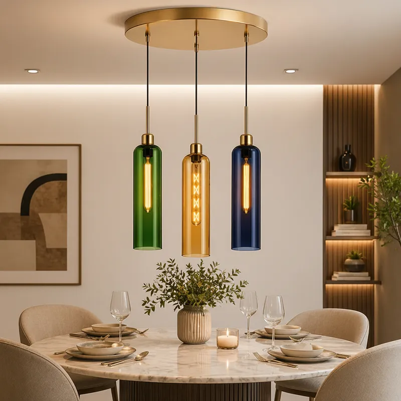 Trio glass ceiling lamp with coloured cylindrical shades hanging above a dining table