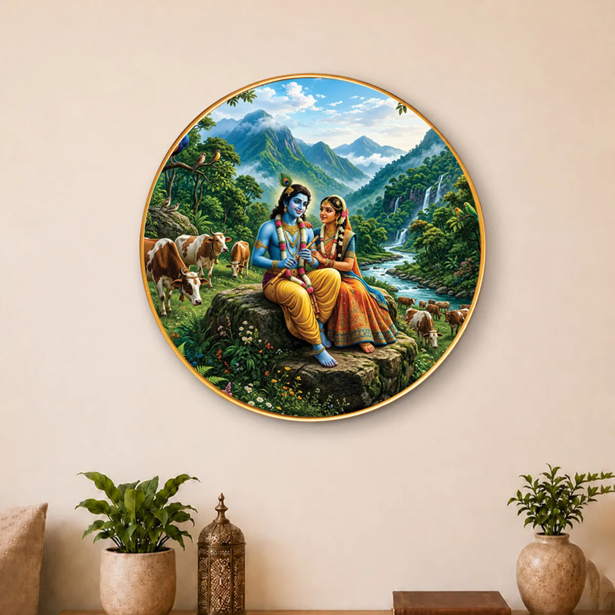 Round multicolour Radha Krishna wall art with cows, waterfall and mountains
