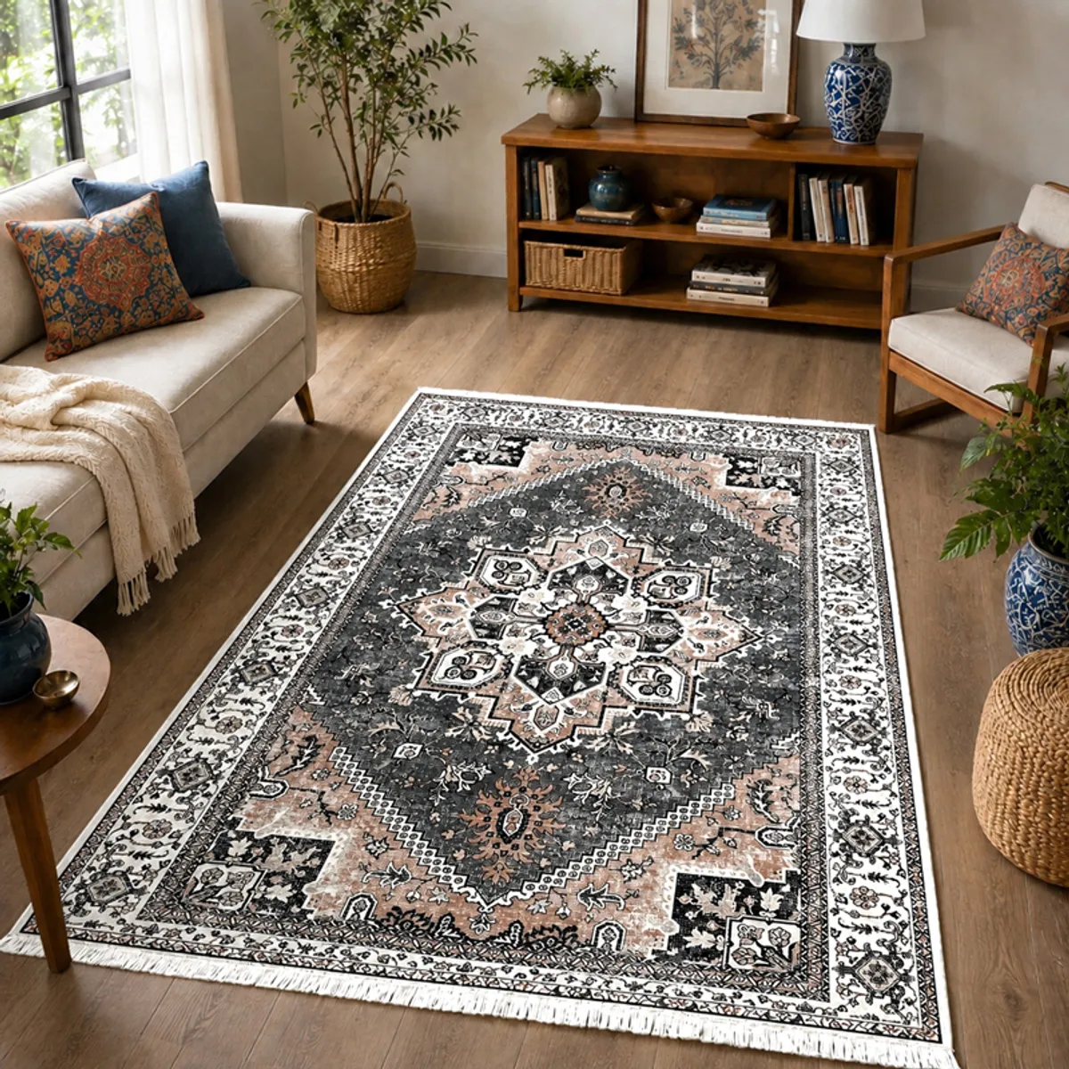 Grey and beige patterned carpet placed in a living room beside a sofa