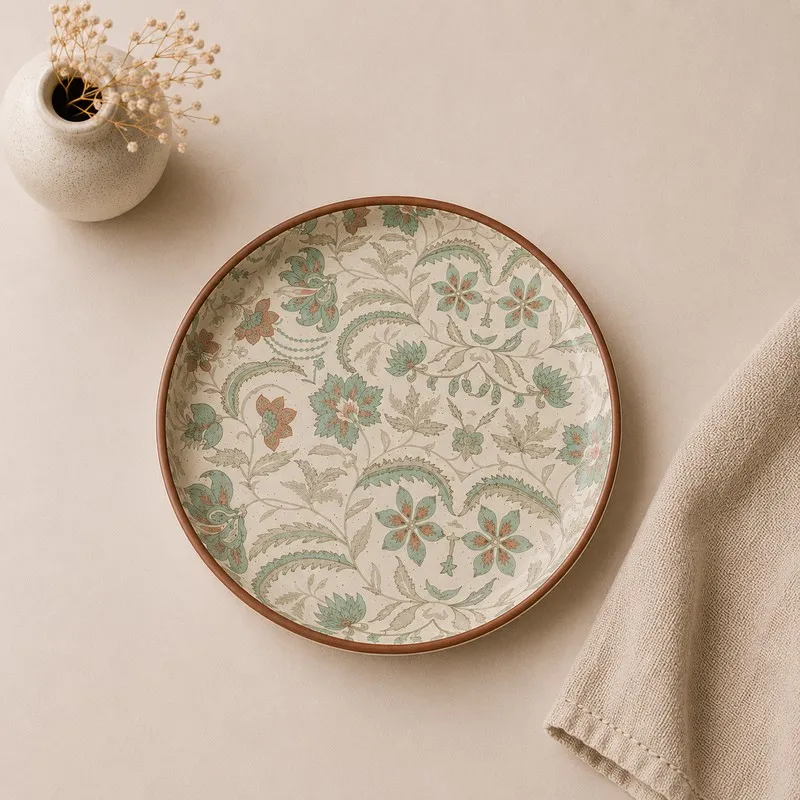 Top view of a round botanical patterned dinner plate in beige and green