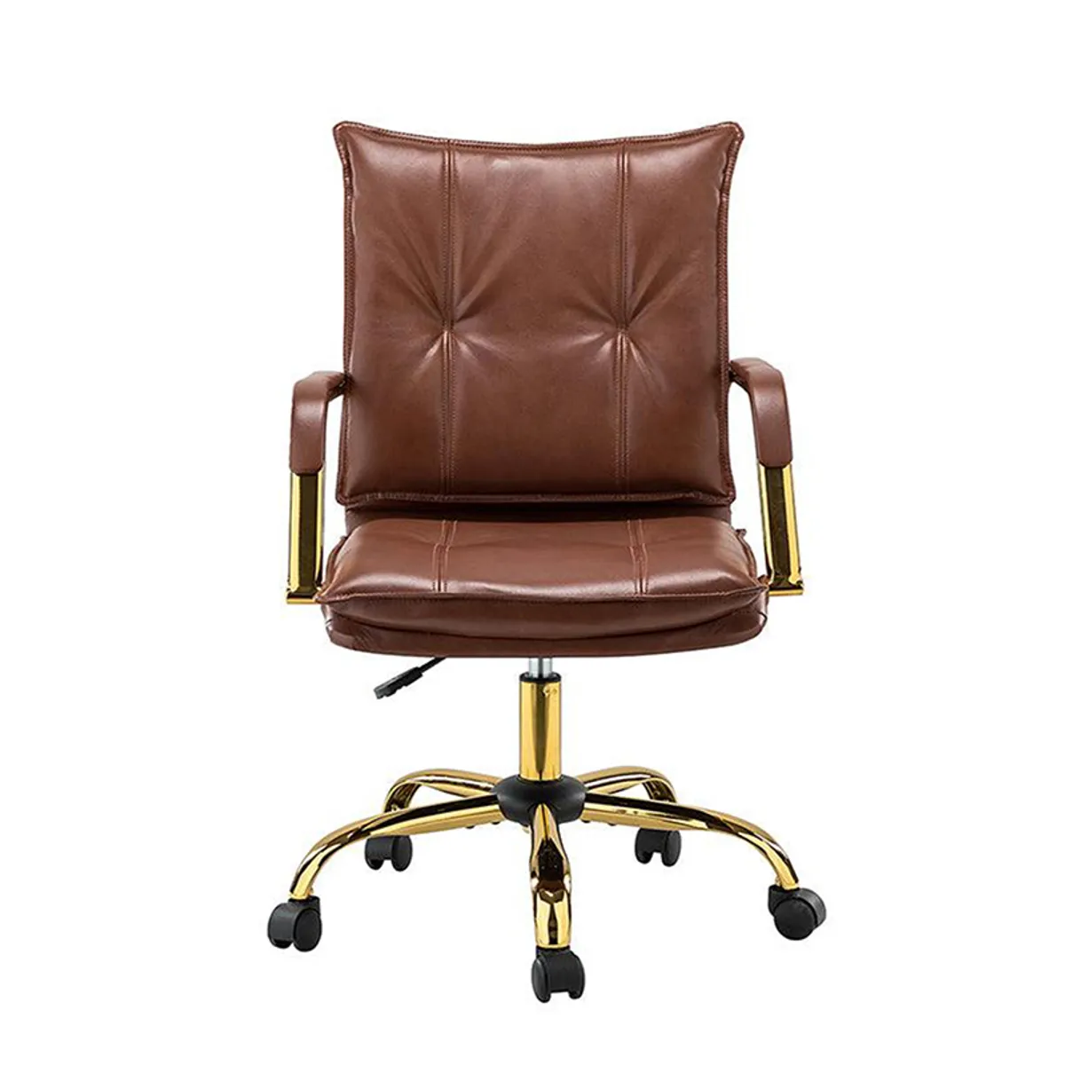 Front view of a dark brown padded office chair with gold-toned metal frame