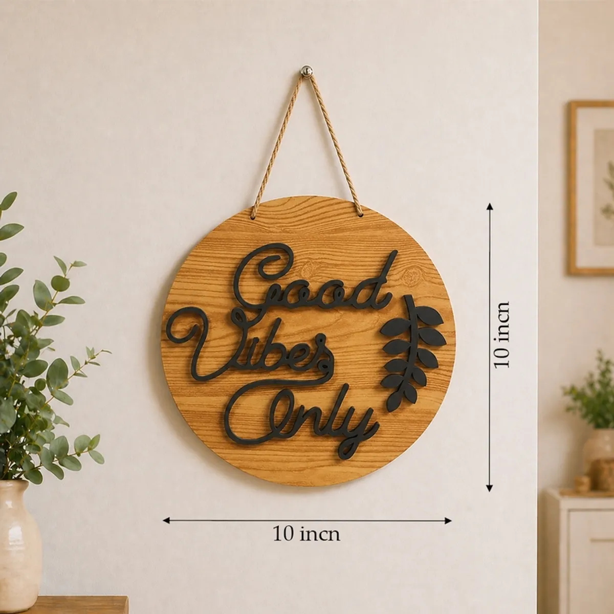 Round Good Vibes Only wall accent shown beside a vertical size guide
