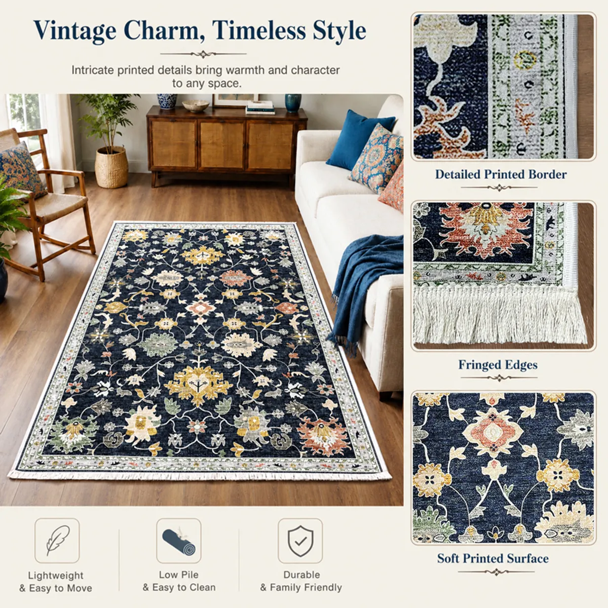 Navy floral carpet in a living room showing its printed border and fringed edge